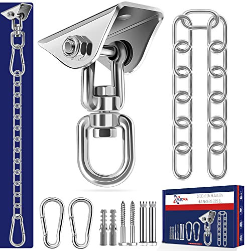 ALECPEA Deckenhaken 450KG Kapazität 360°Drehen Premium Edelstahl Schaukelhaken Aufhängung Haken mit 40cm Verlängerungskette 2 Karabiner für Hängesessel Beton Holz Spielplatz Veranda Sitz Trapeze Yoga
