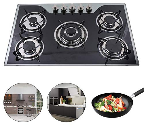30.3 Gasherd Glas Gaskochfeld 5 Flammig | Einbau-Gaskocher für Zuhause & Wohnmobil | 5 Zonen Schwarz Glasherd Edelstahl Campingkocher für Propan und Erdgas | 10.25KW | EU STOCK