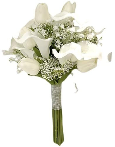 HXSCOO Weiße Calla-Lilien mit Tulpen-Brautjungfern-Blumenstrauß-Blumen-Blumenstrauß