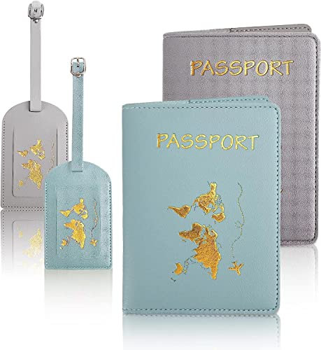 MINISOISO 2 Stück Reisepasshülle, Passport Cover Reisepass Schutzhülle mit 2 Kofferanhänger, Passhülle für Damen Herren Reisepass Kreditkarten, Ausweis und Reisedokumente, 10.7×14.2cm, Blau + Grau
