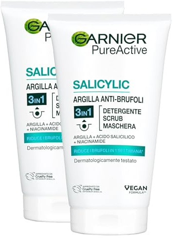Garnier PureActive Salicylic Tonerde Anti-Unreinheiten 3in1 Reinigung Peeling Maske Klärend Mattierend mit Salicylsäure und Niacinamid Doppelpack - 2 Flaschen à 150ml