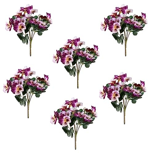 Artificial Flower Plants, 6 Bundles Fake Flowers for Outdoor and Indoor, Small Wild Flowers Decoration,Artificial Plastic Silk Bouquets,Fake Plants Pansy for Family Garden Porch Windows (Purple)