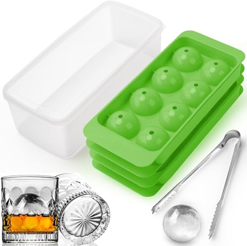 AIBIRUI Round Ice Cube Mold,2 x 8 PCS x 1.8'' Whiskey Ice Cubes,Circle Ice Cube Tray with Lid and Bin,Sphere Ice Ball Maker Mold,Large Ice Cube Molds for Cocktails,Coffee(Whiskey Ice Cubes Mold,Green)