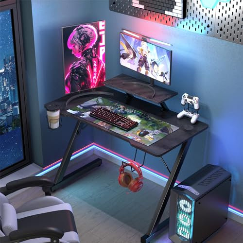PIPIPOXER Gaming Desk 100x55cm, Gaming Schreibtisch mit Monitorablage, PC Gaming Tisch Gaming mit Kohlefaseroberfläche, Gaming Tisch Computertische für Home mit Getränkehalter und Kopfhörerhaken