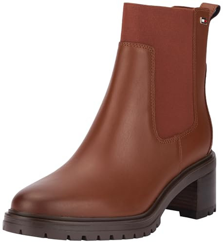 Tommy Hilfiger Botines Chelsea Mujer Mid Heel de piel, Marrón (Cognac Brown), 39 EU