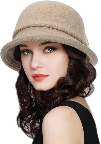 Sombrero vintage de los años 20 para mujer, mezcla de lana, sombrero de iglesia, sombrero de fieltro de invierno, sombrero de bolos aplastable plegable, caqui, Talla única