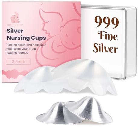 Petit Journey Silberne Stillbecher mit Silikonhülle, silberne Brustwarzenabdeckungen zum Stillen, Stillschild, 999 Silber Brustwarzenabdeckung schützt, beruhigt und schützt wunde Brustwarzen (2 Stück)