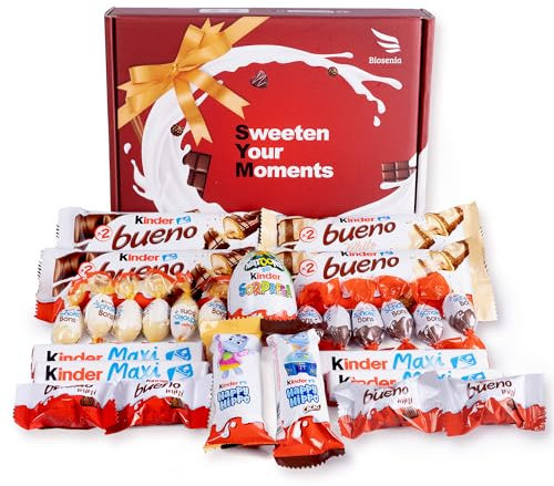 BIOSENIA Caja Regalo de Chococolates Original Surtido para Cumpleaños Niños San Valentin Aniversarios tu Pareja. Kinder Bueno, Happy Hippo, Huevo Sorpresa, Mini, Schokobons, Maxi. Cajita con 27 Uds