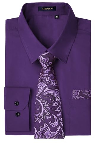 HISDERN Chemise Homme Manches Longues Chemises Habillée avec Cravate Formelle Regular Mariage avec Poche
