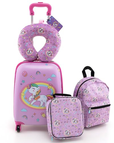 COSTWAY 5 Pezzi Valigia per Bambini, Valigia con ManicoTelescopico da 16 con 13 Zainetto, Cuscino per Il Collo, Etichetta per Bagaglio, Borsa per Il Pranzo, con Ruote Girevoli a 360 ° (Modello 1)