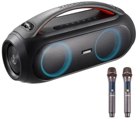 INMOZATA Portable Bluetooth Speaker with 2 Wireless Microphones, 80W RMS Speaker with Deep Bass, EQ, IPX5 Waterproof, 24H Playtime, Power Bank, RGB Lights, Wireless Stereo Pairing for Home, Outdoors
