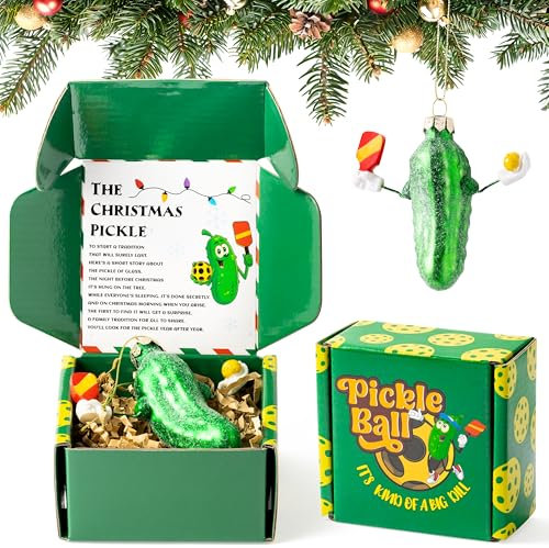 Haooryx Christmas Pickleball Pickle Glass Ornament - Funny Pickleballer Ornament Boxed Gift Set Green Glass Christmas Pickle Pendant for Xmas Tree House Tradition Decor New Year Holiday Party Favor