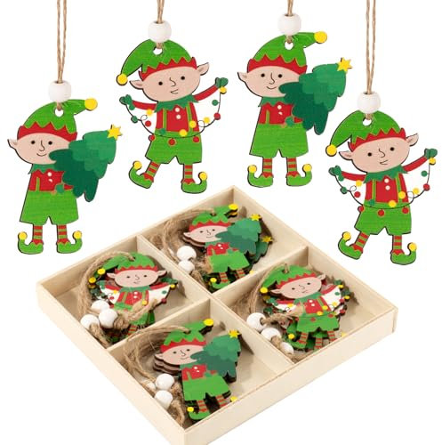 BOFUNX 12 Stücke Holz Weihnachtsanhänger Zwerge Weihnachtsbaum Anhänger Weihnachten Holzanhänger Wichtel Weihnachtsbaumschmuck Hängende Ornament Anhänger Weihnachtsdeko