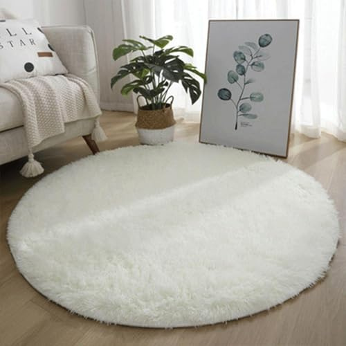Generisch Teppich Rund Wohnzimmerm, Hochflor Flauschig Modernes Weicher Teppich für Schlafzimmer Oder Kinderzimmer, Shaggy Bettvorleger Indoor Outdoor Carpet, rutschfest Matte,Weiß,40cm