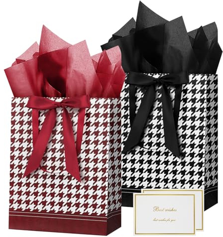 HONTIUS Große Geschenktüte, rechteckig, weiß, mit Seidenpapier, 32 x 25 x 12 cm, für Hochzeit, Geburtstag, Party, Brautjungfer, Geschenktüte für Frauen, Babyparty, Schwarz und Rot, 2 Stück