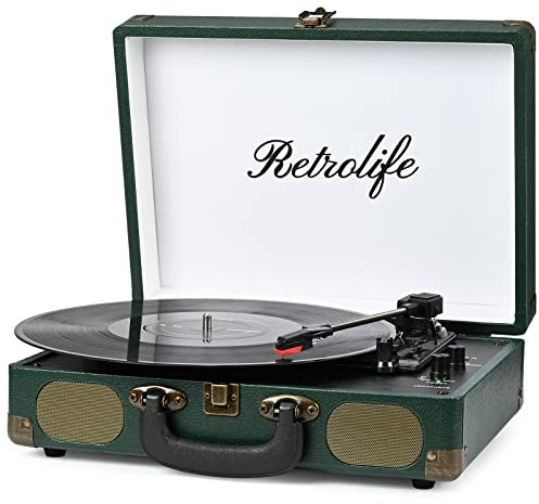 Giradischi in vinile a 3 velocità, Bluetooth, portatile, con cinghia e altoparlanti integrati, uscita RCA e jack per cuffie, stile vintage, colore: verde scuro