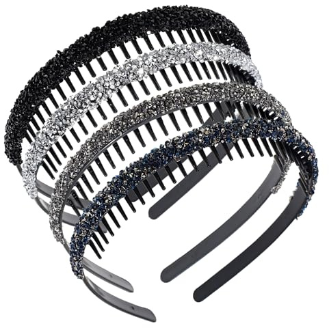 4 Stück Strass Stirnbänder, Strass Stirnband für Damen, Rutschfeste Haarreifen,Stirnbänder mit Kristall Zähne Kamm, Haarreifen Damen, Glitzernde Haarbänder, für Mädchen Tägliches Party Haarschmuck