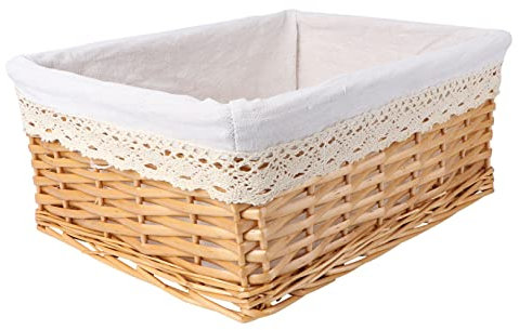 Mikikit Cesta De Mimbre Tejida a Mano Rectangular Grande 40x30x16 Cm Con Forro Extraíble De Algodón Natural Para Almacenamiento Hogar y Oficina