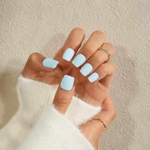 KQueenest Light Blue Press on Nails Short Square, Short False Nails with Glue, Glossy Solid Color Pastel Blue Fake Nails Set, Natural Fit, Reusable Small Gel Stick on Nail for Women Decoration 24 Pcs