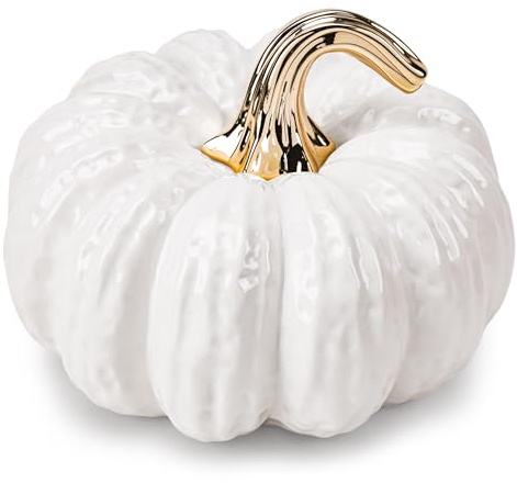 Quancru 7.9 Inch Fake Pumpkin Decorations Ceramic Figurines White Realistic Artificial Pumpkins Model for Outdoor Halloween Fall Harvest Thanksgiving Kitchen Tabletop Centerpiece Crafts - 1 PCS