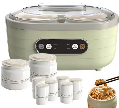 Yogurtera automática multifuncional con tanque de fermentación de 1,75 l (2 tazas grandes + 6 tazas pequeñas), pantalla LCD y tiempo ajustable. Ideal para yogur, natto, kimchi y vino de arroz.