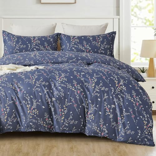 Guchuang Bedding King Size Duvet Cover Sets Navy Blue Floral Bedding Set with 2 Pillowcases Soft Microfiber Flowers Quilt Cover with Zipper Closure for All Season 220x230cm