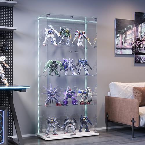 Vitrine für Sammlungen, groß, Glasvitrine mit Licht, 163 x 35 x 78,5 cm, Vitrine mit LED, 2 Türen, 4 Einlegeböden, transparent (2 Türen, 4 Etagen, Weiß B)