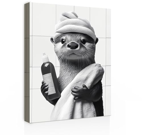 Galmcook Badezimmer Wandbild Leinwandbild mit Rahmen Lustiger Wasserotter im Bad – Humorvolles Kunstdruck Bild für Gäste WC, Toilette oder moderne Bad Deko mit Haken und spurlosen Nägeln 30x40 cm