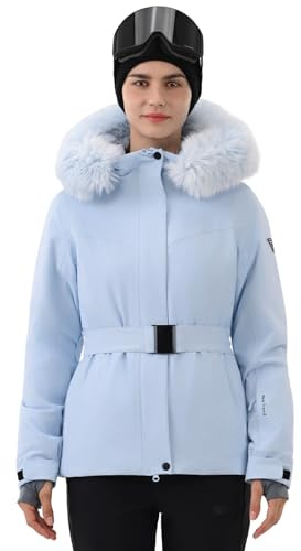 HIGH EXPERIENCE Women's Ski Jacket Snowboard Fitted Slim Belted Snow Coat Warm Winter Mountain Waterproof Windproof Insulated Hooded (US, Alpha, Medium, Regular, Regular, Light Blue)