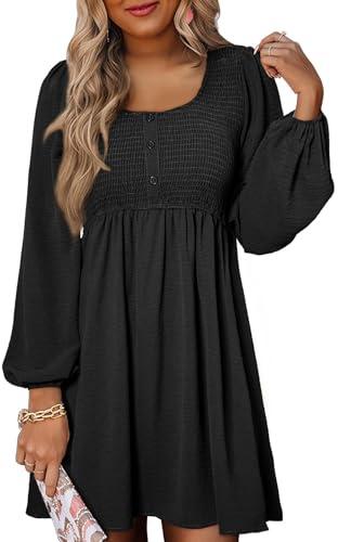 Dokotoo Women's Long Sleeve Dresses Spring Fashion Elegant U Neck Bust Gathering High Waist Ladies Dress Lantern Sleeves Solid Color Casual A Line Knee-Long Summer Womens Minidress S-XXL