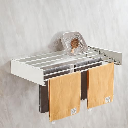 TWSOUL Tvättställ väggmontering, torktumlare vägg med 4 stänger, torrställ 50 cm, utdragbar, vikbar hide, utrymmesbesparande, kolstål, för badrum, balkong, terrass (vit utan krok)