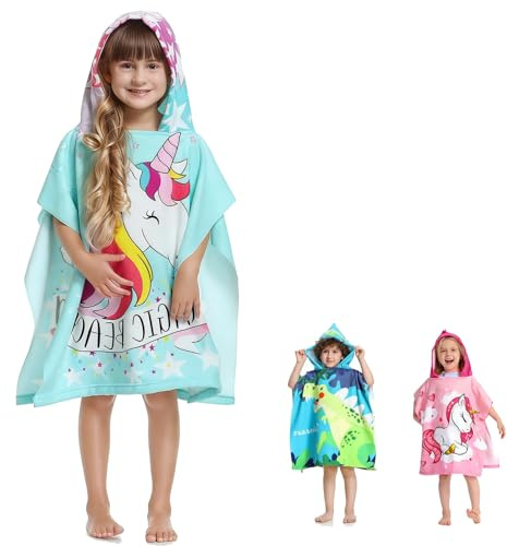 HUANYO Hooded Poncho Towel, Ultra Soft Microfibre Quick Dry Beach Swimming & Changing Robe for Kids, Warm Wrap for Boys and Girls (Child Height: 85-110 cm) (Unicorn Blue)