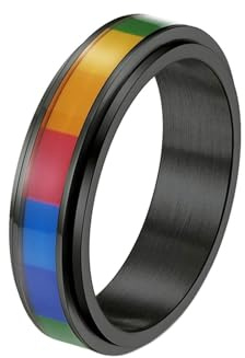 Whoiy Bröllopsring i rostfritt stål med gravyr, 6 mm breda herrringar anti-ångest spinnare regnbåge förlovningsringar vigselringar silver guld/svart personlig herrbandring storlek 52–67, 57 (18.1