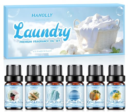 HANOLLY Juego de Aceites Esenciales Lavadero 6x10ML, Aceite Esencial Naturales para Humidificador Difusor Velas- Frescura Renovadora, Verano Cítrico, Sándalo & Vetiver, Frescura Otoñal, Dulce Florecer
