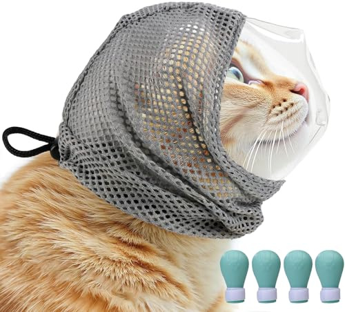 Katzen Maulkorb, Verstellbare Maulkorb für Katzen, 4 Stück Katzenschuhe Silikon, Katzenmaulkorb mit Atmungsaktive Mesh, Katzenstiefel für Katze, Verhindern Beißen,Pflegen, Rasieren