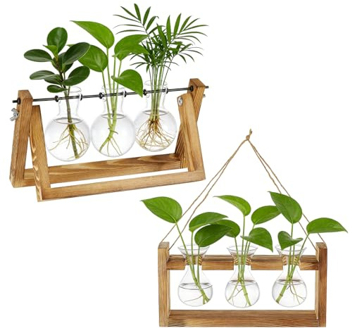 TWINKLEMON 2 estaciones de propagación de plantas con soporte de madera, tarro de terrario para plantas hidropónicas, bombillas de vidrio, florero, regalos de jardinería para plantas de casa, amantes