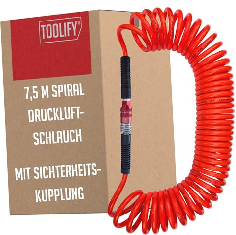 TOOLIFY® leichter Druckluft Spiralschlauch 7,5 m mit Sicherheitskupplung für Kompressor | Pneumatik Schlauch PU flexibel bis -10 °C | knickfest | ölbeständig | selbst zusammenziehend | max 10 bar