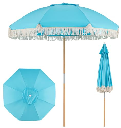 RELAX4LIFE Sonnenschirm 170 cm, Gartenschirm Boho mit Fransen, Strandschirm beidseitig um 30° neigbar, Balkonschirm aus Holz, Terrassenschirm Sonnenschutz, Marktschirm für Garten Balkon Terrasse, Blau