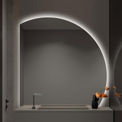 Specchio da bagno a mezzaluna da parete con luce a 3 colori, 28, 32, 36, 40, retroilluminato intelligente, antiappannamento, specchio per trucco, luminosità regolabile (taglio inferiore sinistro,
