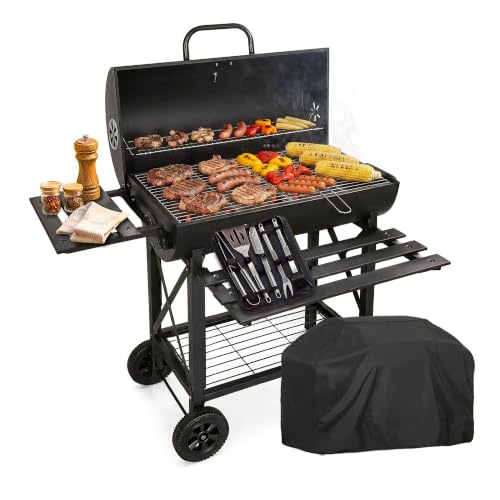 RMF kolgrill med XL grill med inbyggd termometer - inklusive tillbehörssats och lock, slitstark stålvagn med hjul, hopfällbara sidohyllor, asklåda