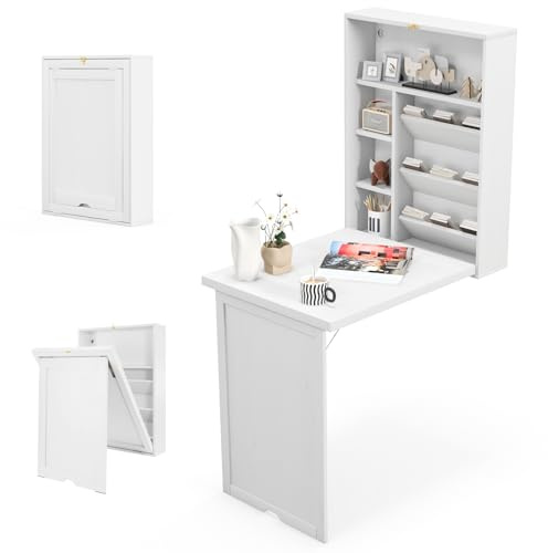 Tangkula Foldable Wall Mounted Desk, Floating Table with Storage Shelves & Hooks, Space-Saving Fold-Up Murphy Desk for Small Spaces, Home Office, Dorm Room