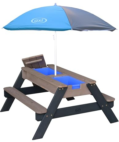 AXI Nick Table Sable et Eau/Pique Nique avec Parasol en Bois Gris | 95 x 97 x 48 cm | avec Couvercle, Boîtes de Rangement & Parasol | Extérieur pour Le Jardin