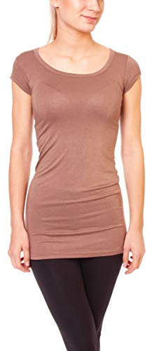 Easy Young Fashion - Damen Basic T-Shirt - langes Kurzarm Longshirt - Rundhals Longsleeve - Unterziehhemd Skinny Fit 1002 - Hellbraun L