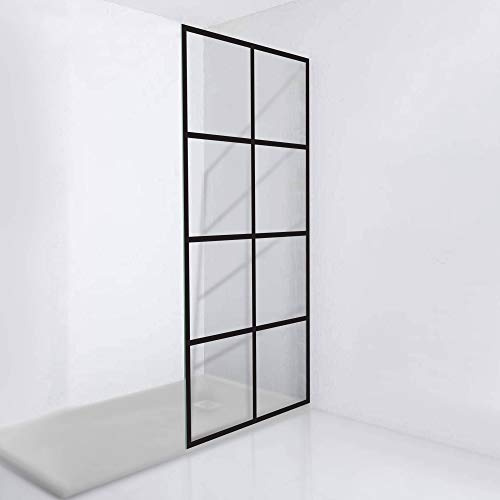 Fab Glass and Mirror GSD-34-72ORB Madeira French Style Grid Pattern Glass Shower Door, Matte Black, 34 x 72