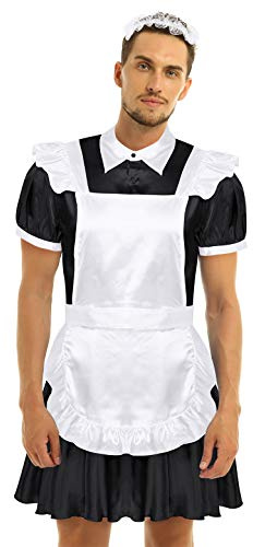 Nimiya Homme Costume Sissy Déguisement Soubrette Ensemble Robe de ménage Robe de Nuit Erotique Uniforme Lingerie Tablier Serveur Serre-tête Tenue Cosplay Soirée M-XXL Noir XXL