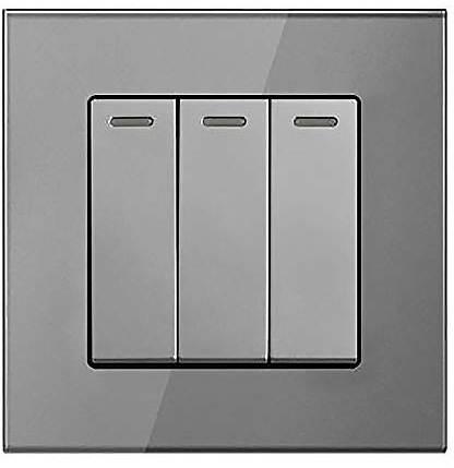 Interruptor de luz de panel de cristal de 1/2 / 3 bandas, 2 vías, color blanco, negro y gris, interruptor de pared basculante de 16 A (3 bandas, 2 vías, gris)