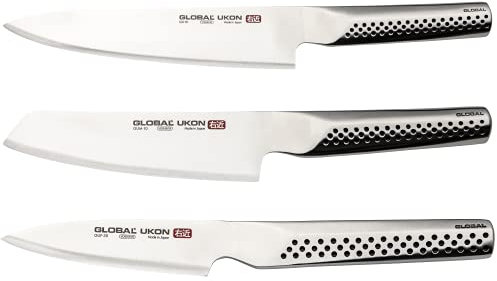 Global UKON Gamme de 3 couteaux de cuisine – Contient un couteau de cuisine GU-01, un couteau à légumes GUM-10 et un couteau à légumes GUF-30