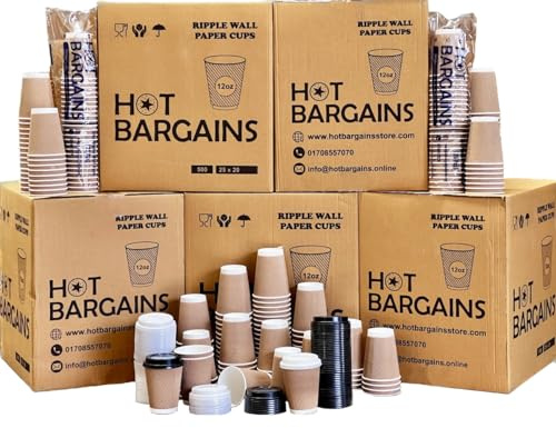 HOT BARGAINS - Kraft Triple Walled Disposable Paper Ripple Cups - 500 X 12oz / 360ml, Hot Drink Cups + Reusable Lids