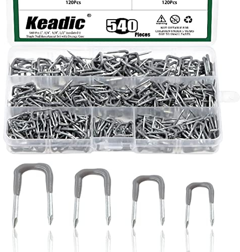Keadic 540Pcs 1, 3/4, 5/8, 1/2 Insulated U Staple Nail Assorted Size Set with Storage Case, Electrical Cable Staples Metal Cable Clip with Plastic Staple Wire Holder for Fixing Electrical Cord
