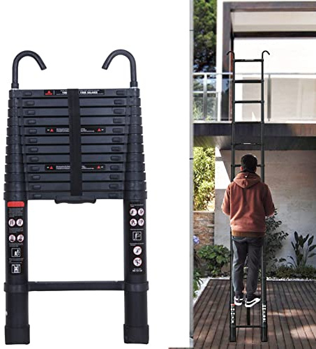 Scala telescopica con gancio, 6,2 m, in alluminio, portatile, estensibile, pieghevole, portata 150 kg, EN131, nero